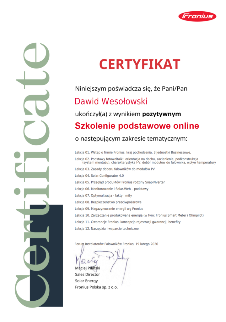 fronius certyfikat